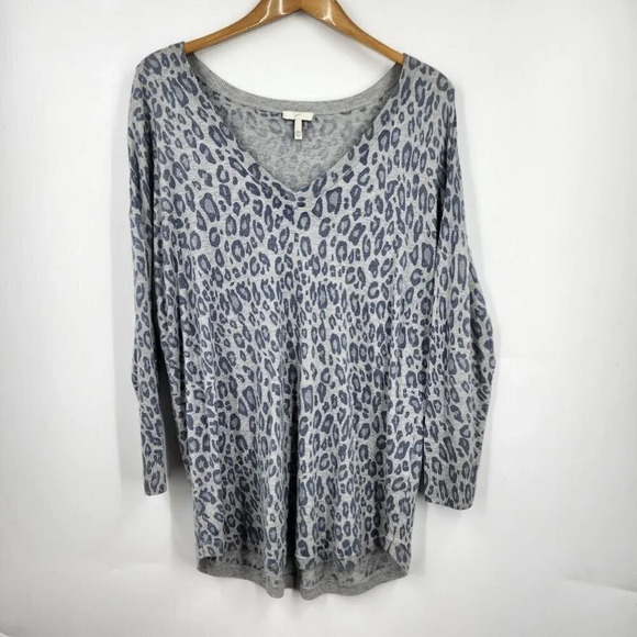 Joie Women's Cheetah Print Pullover Wool Cashmere V-Neck 3/4 Sleeve Sweater SZ L - Picture 1 of 8